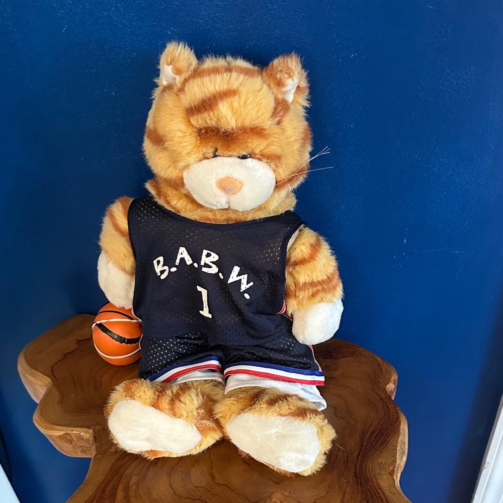 Retired Build-A-Bear Orange Striped Tabby Cat Plush Wearing Basketball Uniform